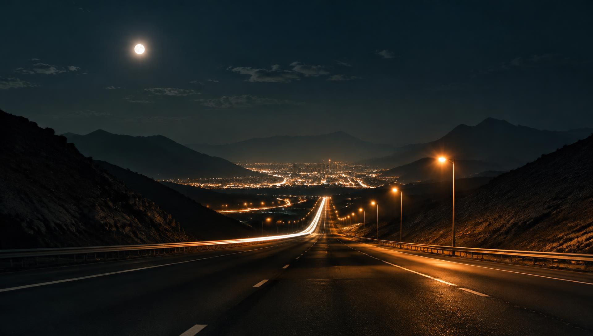 Lebuh raya malam menuju lampu-lampu kota di celah bukit