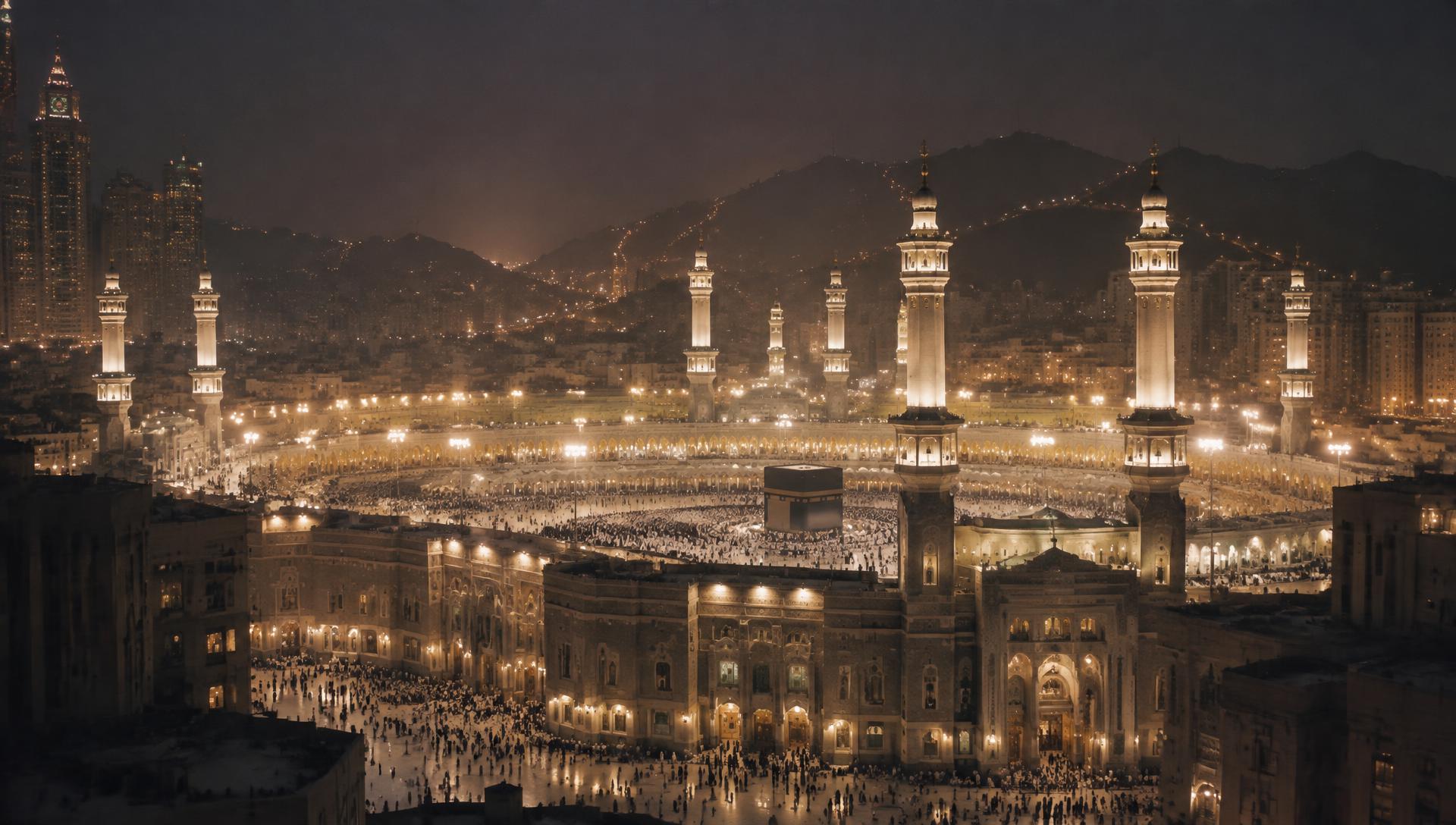 Pemandangan Masjidil Haram pada waktu malam dari kejauhan